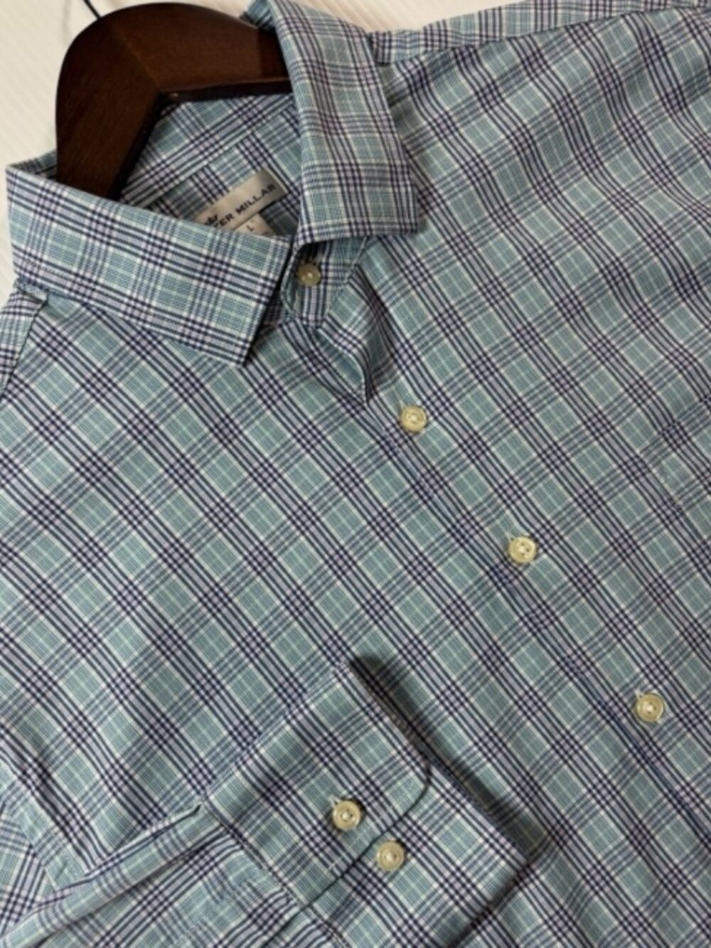 Peter Millar Men's Long Sleeve Large Button-D Shirt Green/ Blue Plaid